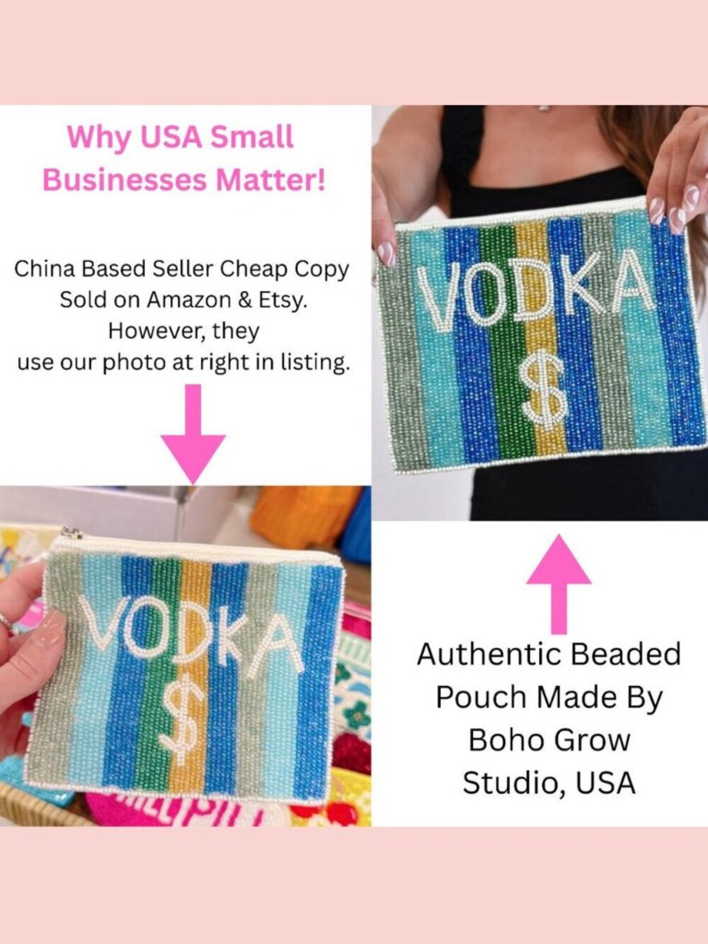 VODKA FUNDS Large Seed Beaded Storage Money Coin Zipper Pom-Pom Pouch NEW - Picture 3 of 3